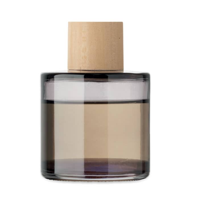 A drink bottle with a wooden lid and a sleek, smoky grey glass body.