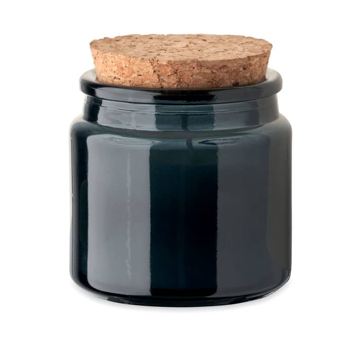 A dark green glass jar with a cork lid, featuring a smooth, shiny surface.