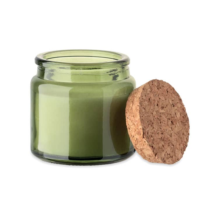 A green glass jar with a cork lid, containing a product inside. The jar has a smooth, shiny finish.