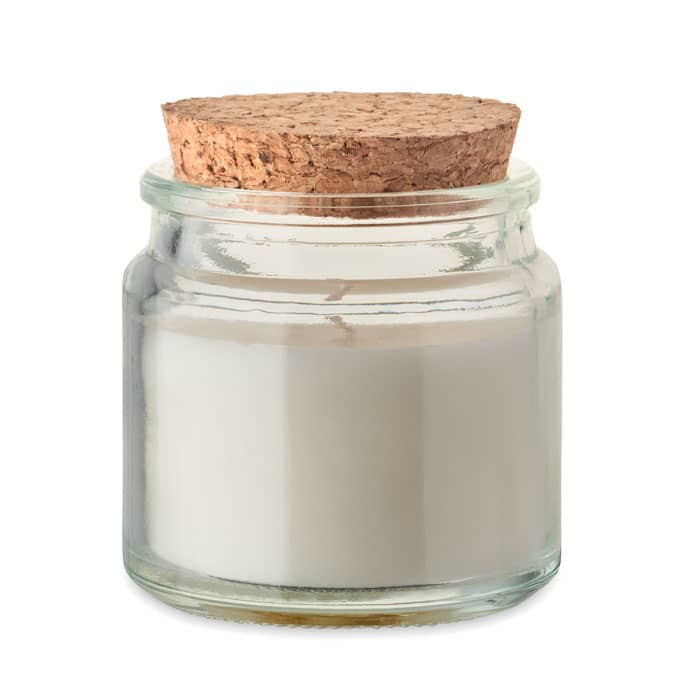 A glass jar candle with a cork lid and white wax inside. The jar is clear with a simple design.