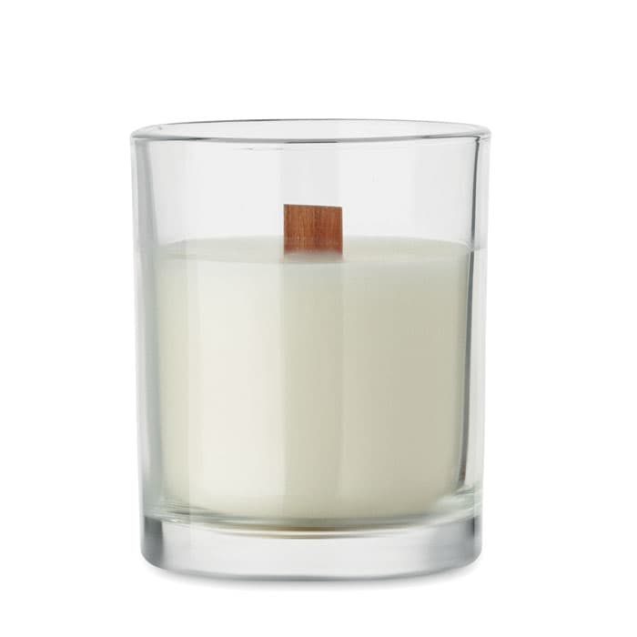 A candle in a clear glass holder, featuring a wooden wick and a white wax filling.