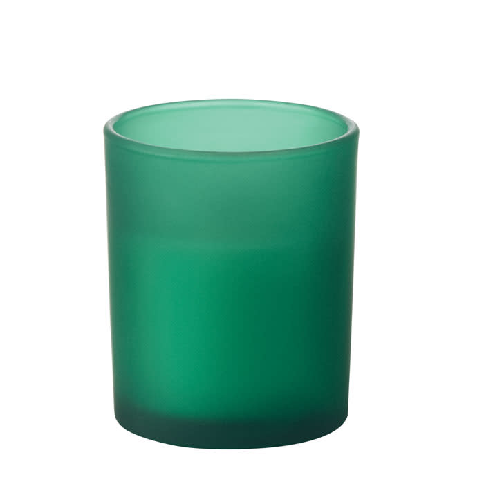 A green, frosted glass candle holder with a smooth surface and round shape. It has a simple design and a solid base.