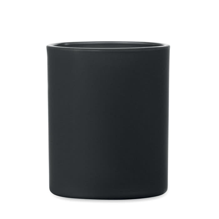 A cylindrical black drink bottle with a smooth matte finish and a simple design. It has a logo on its surface.