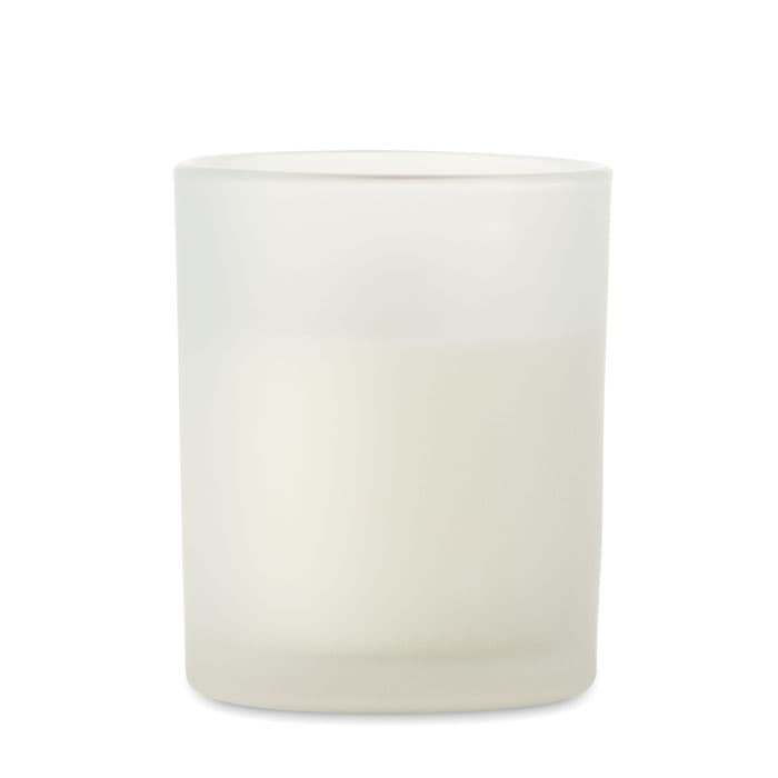 A frosted glass candle holder in white, featuring a minimalist design and a simple, elegant shape.