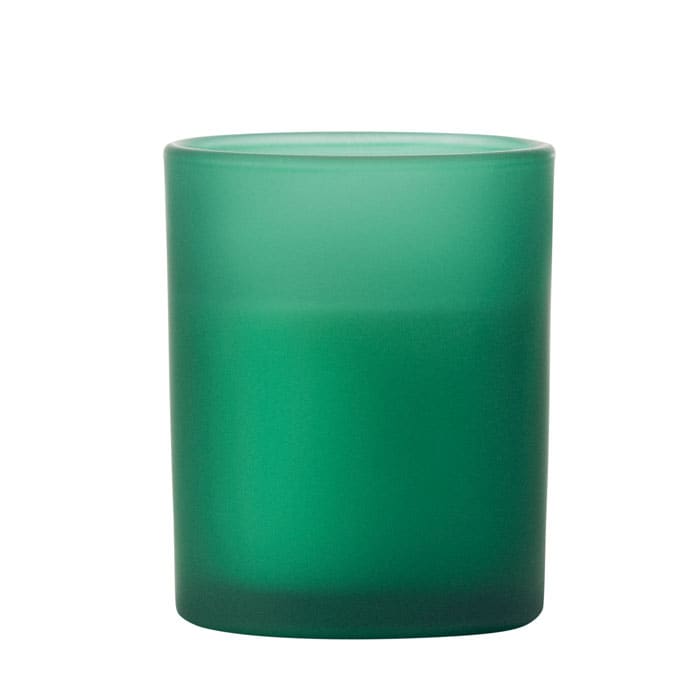 A cylindrical green glass with a matte finish and a branding logo on the side.