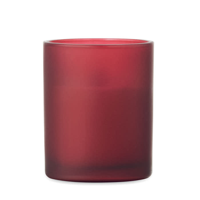 A candle holder in a deep red hue, featuring a smooth, matte finish and a simple cylindrical shape.
