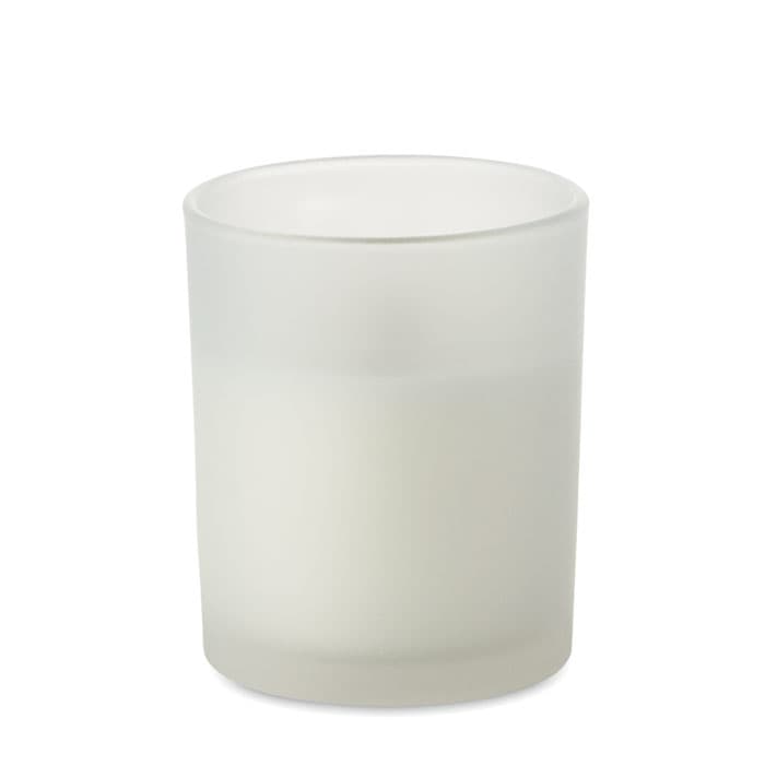 A frosted glass candle holder in a cylindrical shape, containing a white candle inside. It features a simple, elegant design.