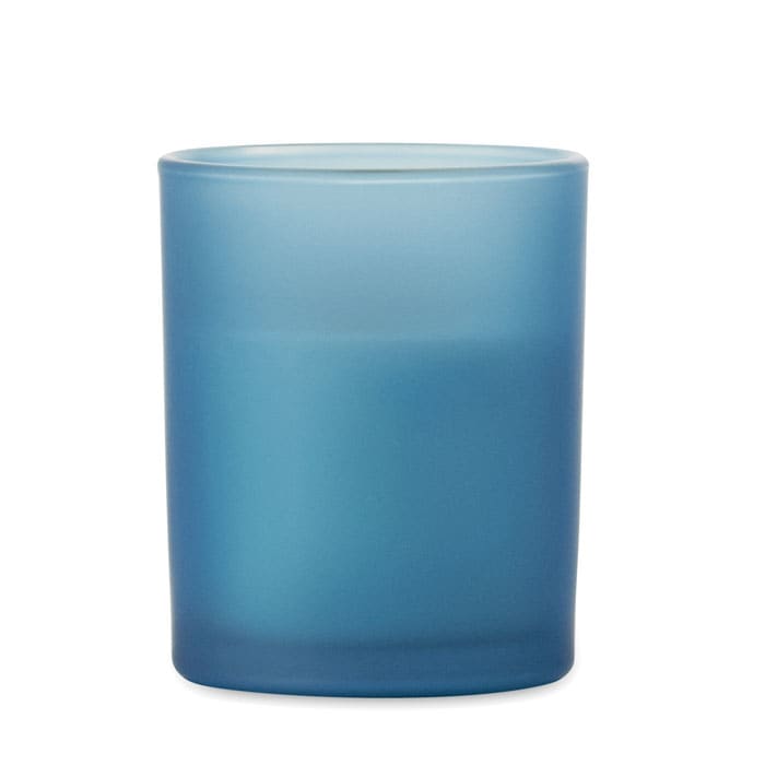 A drink bottle in a matte blue finish with a cylindrical shape and a smooth, frosted appearance. It has a logo.
