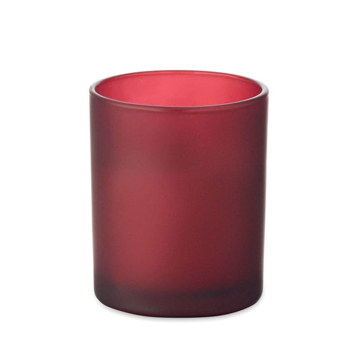 A deep red glass container with a frosted finish, featuring an open top and round shape. It has a logo on the side.