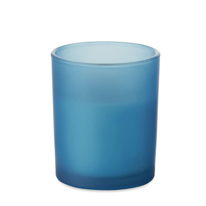 A blue glass candle holder with a matte finish and a simple design. It features a branding logo on the side.