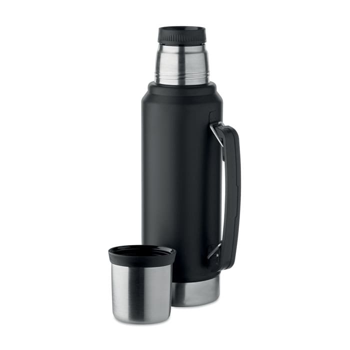 A black drink bottle with a stainless steel top and a matching cup. It features a handle and a sleek design.