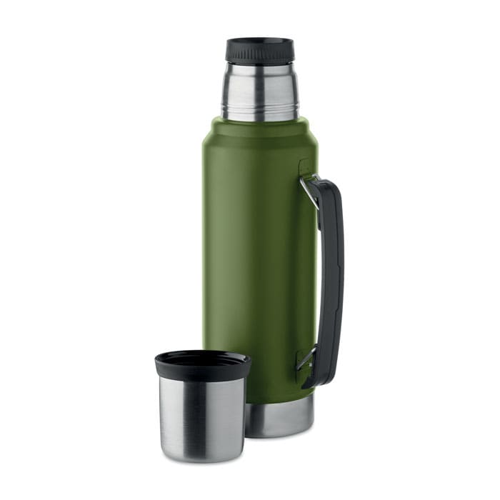 A drink bottle in olive green with a stainless steel top and a detachable cup beside it. It features a handle and a logo.
