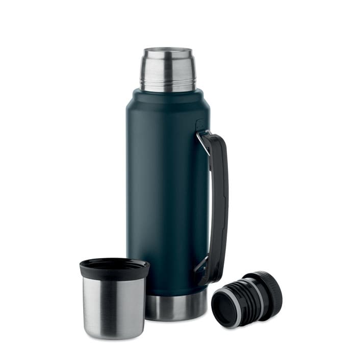 A drink bottle in dark blue with a silver top, accompanied by a stainless steel cup and a lid.