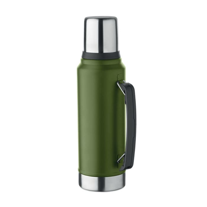 A drink bottle in olive green with a stainless steel lid and a black handle. It features a branding logo.