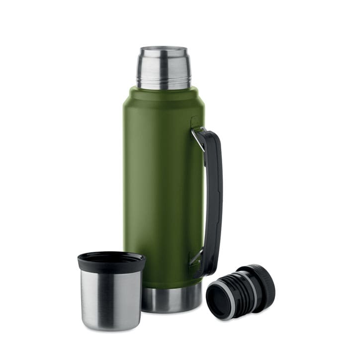 A green drink bottle with a stainless steel top, featuring a handle and a removable cup.