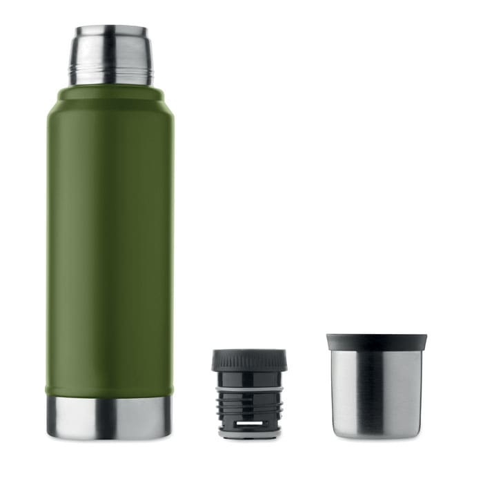A drink bottle in olive green with a stainless steel base, accompanied by a black lid and stainless steel cup.