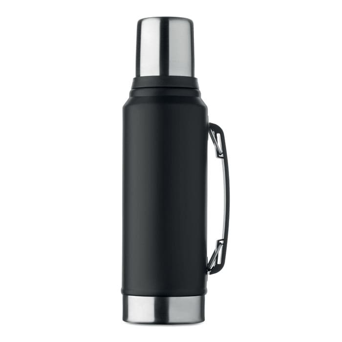 A drink bottle in matte black with a stainless steel lid and a handle for easy carrying. Features a logo.