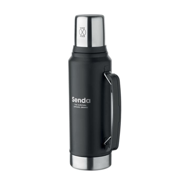 A drink bottle in black with a stainless steel top, featuring a handle and a logo.