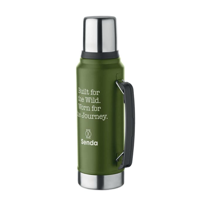 A drink bottle in olive green with a stainless steel top and a sturdy handle, featuring a logo.