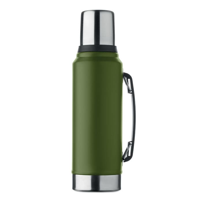 A drink bottle in olive green with a stainless steel top and a black handle. It features a branding logo.