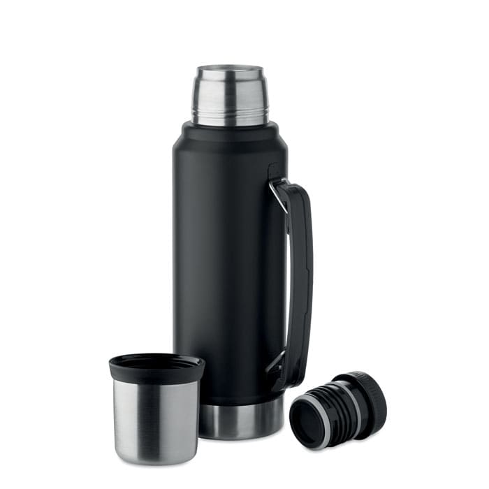 A drink bottle in matte black with a stainless steel top, featuring a handle and a removable lid.
