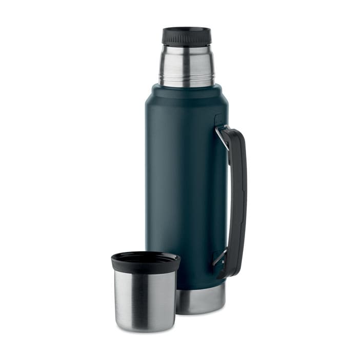 A drink bottle and stainless steel cup in dark teal, featuring a handle and a lid. The bottle has a sleek design.