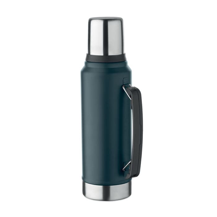 A drink bottle in dark blue with a stainless steel top and a black handle, featuring a branding logo.
