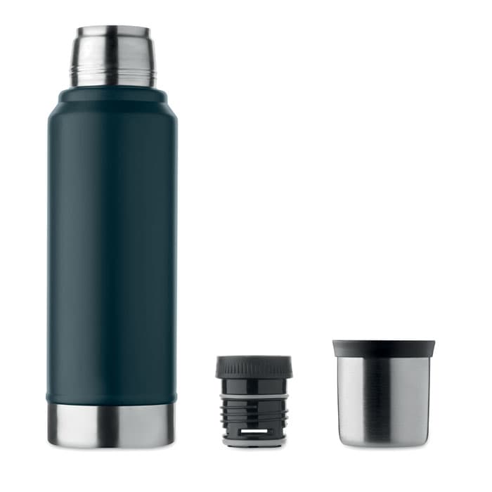 A drink bottle in dark blue with a silver base, accompanied by a black screw cap and a stainless steel cup.
