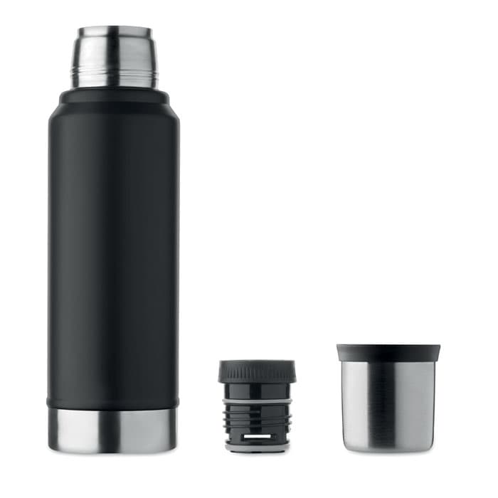 A drink bottle in matte black with a silver base, featuring a cap and a detachable cup. It has a logo.