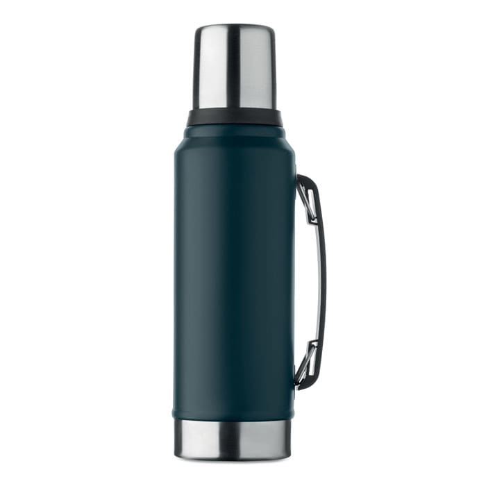 A drink bottle in dark teal with a silver lid and a handle, featuring a logo.