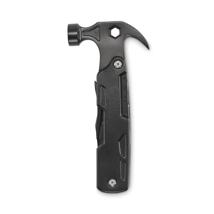A black multihammer with a hammer head, hex tool, and textured handle, featuring a logo on the side.
