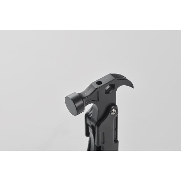 A multihammer in black, featuring a claw hammer head and a compact design. It includes a logo.