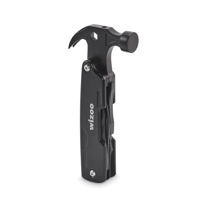 A black multitool with a hammer feature and various tool attachments, featuring a logo.
