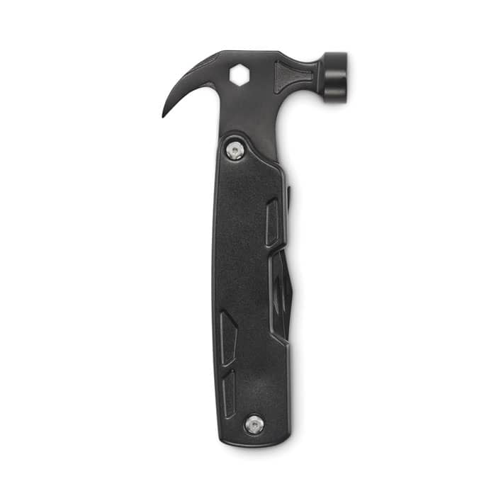 A black multi-tool featuring a hammer, claws, and a textured handle, with a logo on the side.