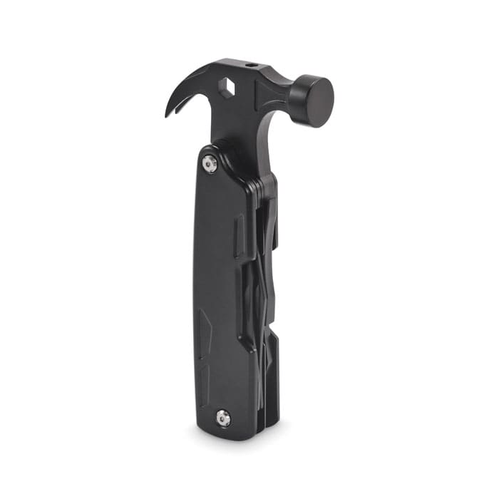 A black multifunctional tool with a hammer head and various built-in tools. It has a sleek design with a logo.