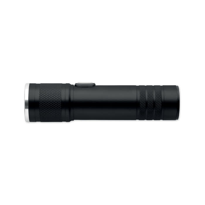 A black flashlight featuring a textured grip and a silver bezel, with an on/off button.