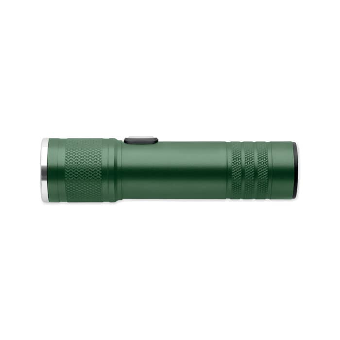 A green flashlight with textured grip and a silver end, featuring a side power button.