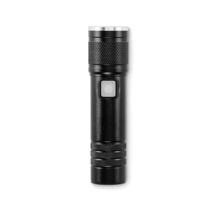 A black flashlight with a textured grip and a button on the side. It features a silver bezel at the top.