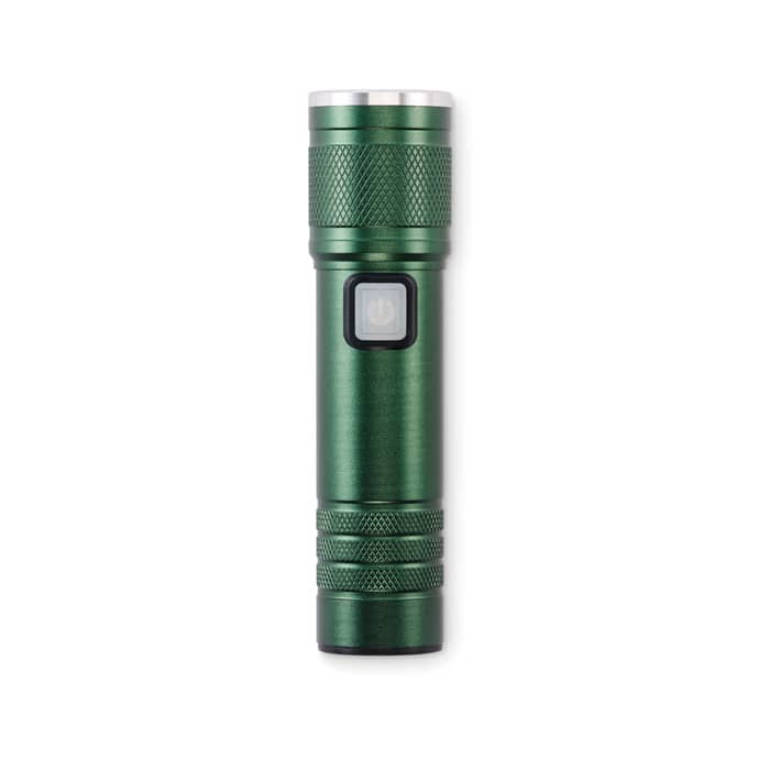 A green torch with a textured grip and a power button, featuring a silver top.