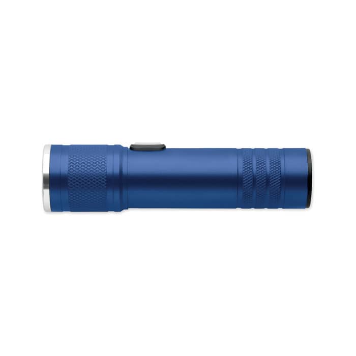 A blue torch featuring a textured grip and a button, with a silver bezel and end cap.