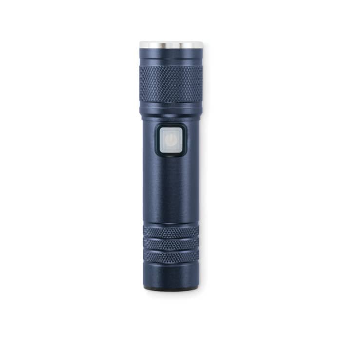 A drink bottle in navy blue with a textured grip and a push button switch, featuring a silver top and a logo.