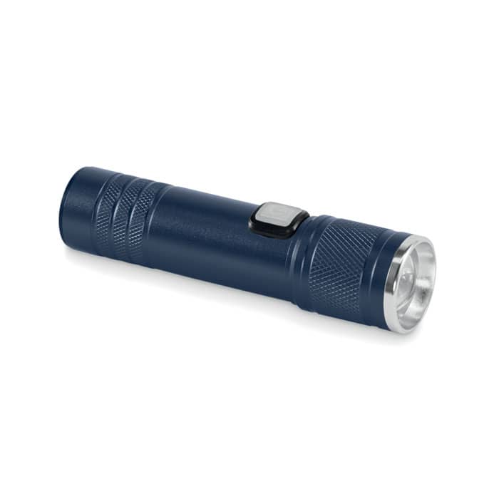 A torch in navy blue with a textured grip and a silver bezel, featuring a button on the side.