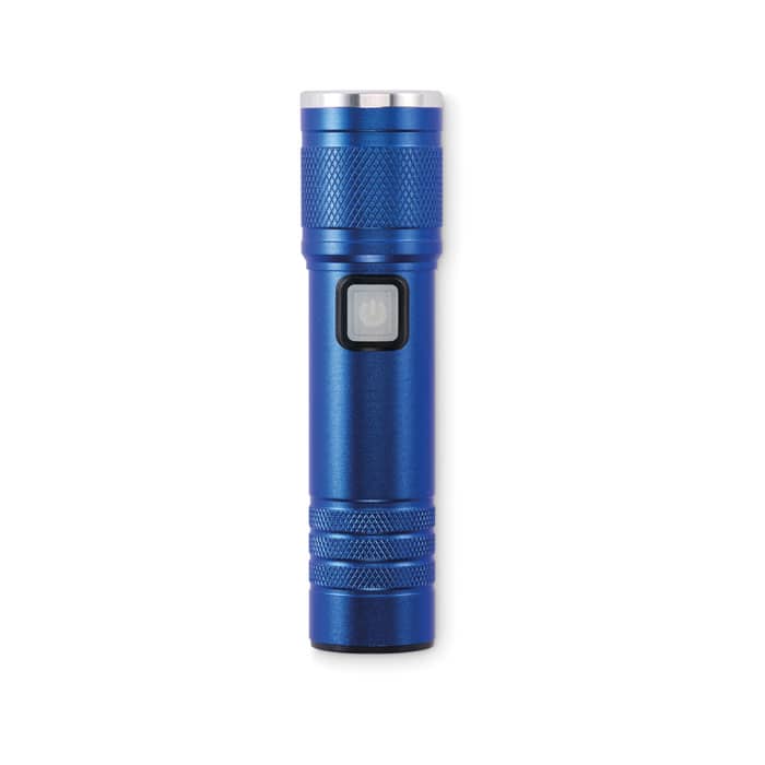 A blue flashlight with a textured grip and a push-button switch, featuring a metallic end cap.