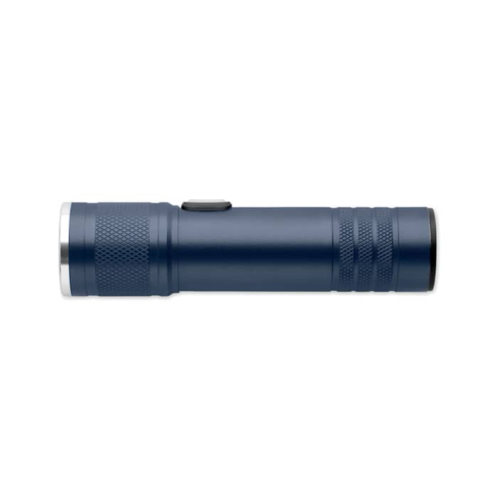 A flashlight in navy blue with a textured grip and a silver end, featuring a push button on the side.
