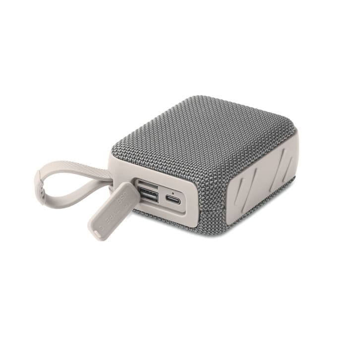 A grey portable power bank with a textured surface and a USB-C port. It features a loop for easy carrying.