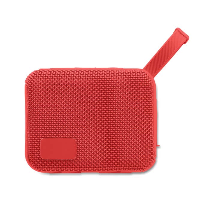 A red, textured product case with a handle and a logo on the front.
