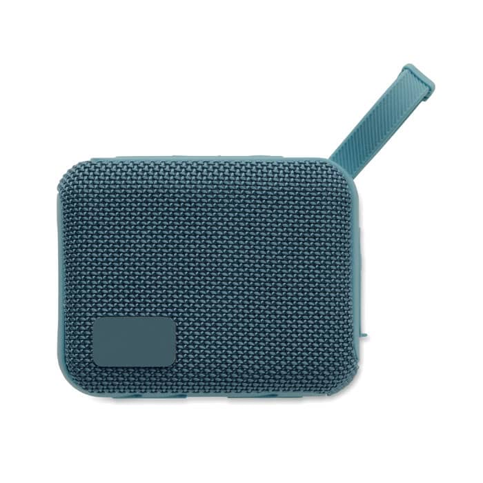 A drink bottle in a textured teal finish with a carrying strap and a logo on the side.