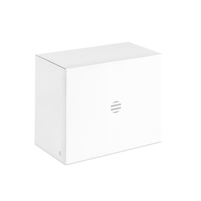 A plain white box with a circular logo on the front. The box has a simple, minimalist design.