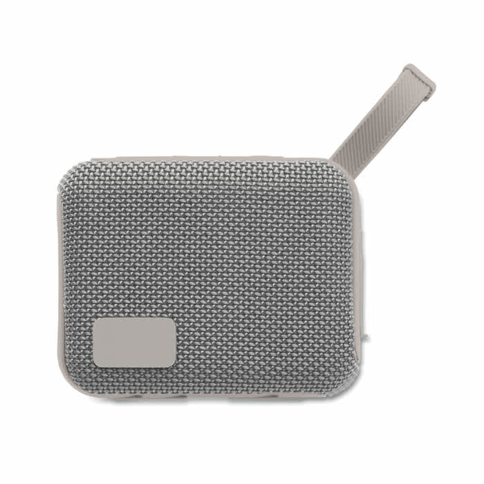 A grey rectangular pouch with a textured fabric finish and a handle, featuring a logo on one side.