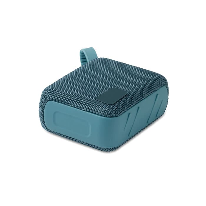 A drink bottle in teal, featuring a textured fabric surface and a solid base, equipped with a small handle.